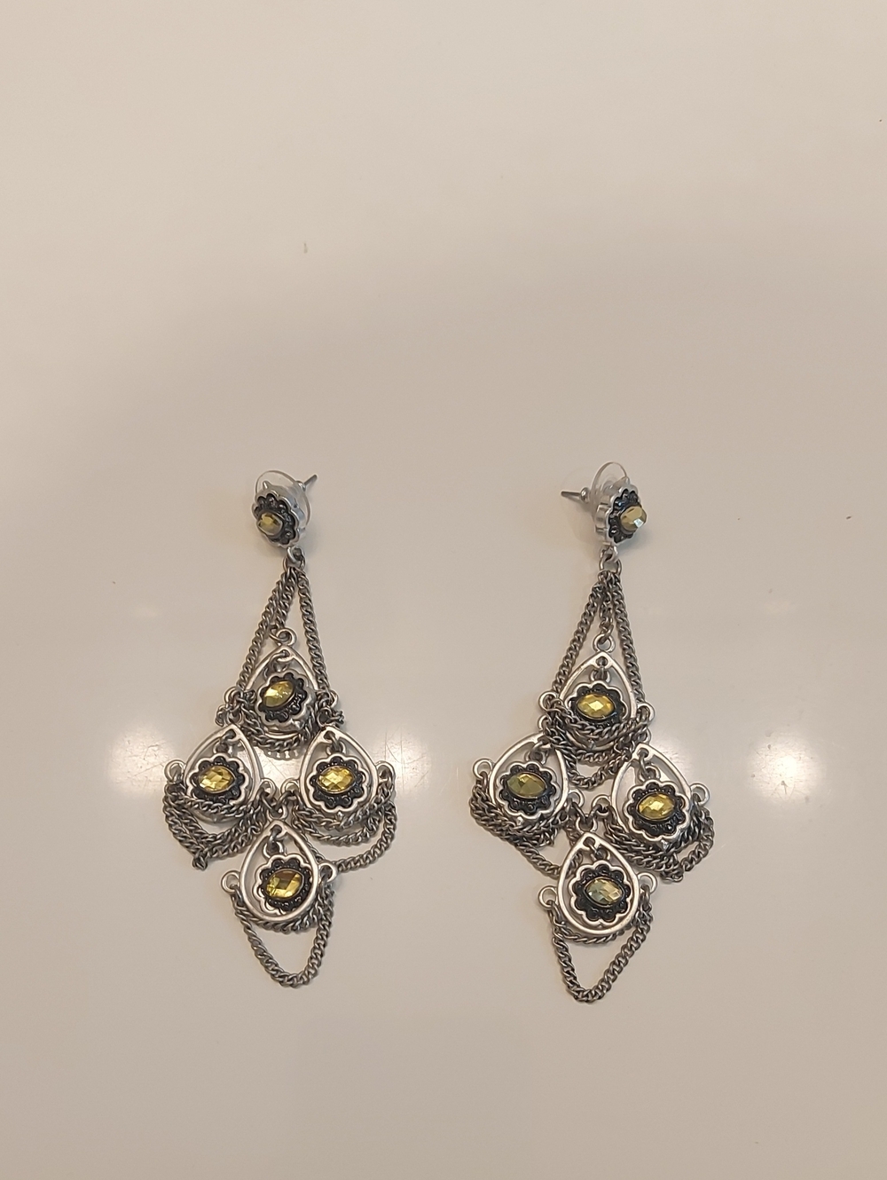 Silver-Tone Yellow Stone Filigree Chandelier Earrings
